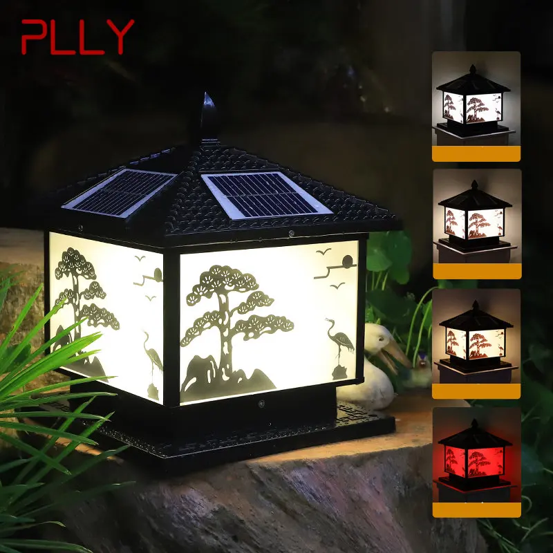 PLLY Solar Post Lamp Outdoor Vintage Pine Crane Decor Pillar Light LED Waterproof IP65 for Home Courtyard Porch