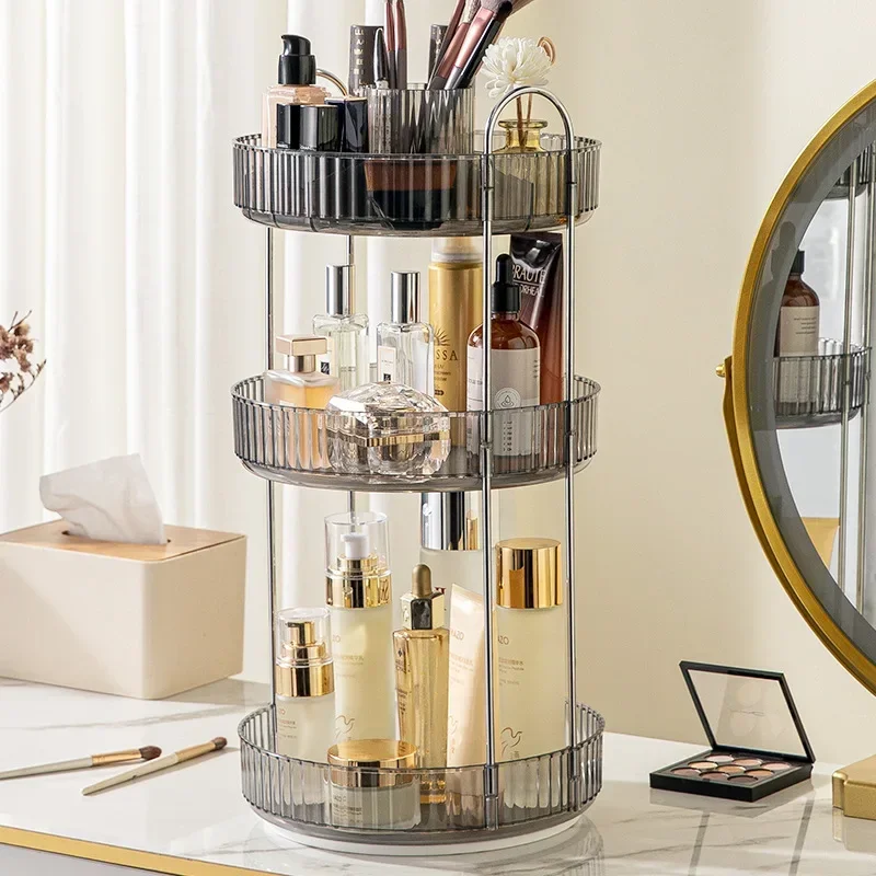 

360° Rotating Makeup Brush Holder 3-Tier Cosmetics Storage Dresser Skincare Product Shelves Bathroom Rack Large-capacity storage