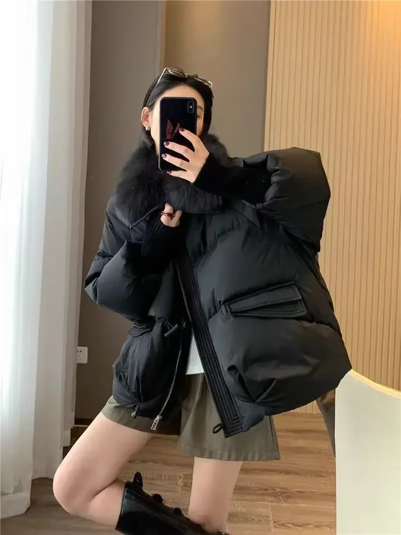 Women Winter New Fur Collar Puffer Down Parka Loose Down Warmer Thicken Snow Jacket Pocket Zipper Faux Fur Outerwear Female