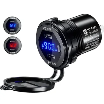 Caricabatteria da auto a ricarica rapida da 90 W Porta PD Interruttore di ricarica rapida ON/OFF Caricatore del telefono Display a LED Adattatore di alimentazione 12 V 24 V per auto Barca RV