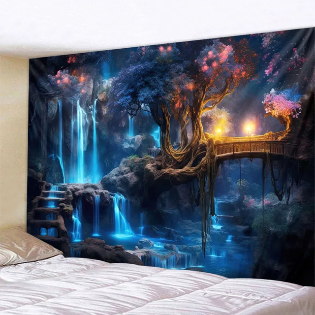 Tapisserie murale suspendue en cascade de rêve colorée, nuit de forêt, paysage de ciel étoilé, décoration de maison, dortoir, salon, chambre à coucher 1