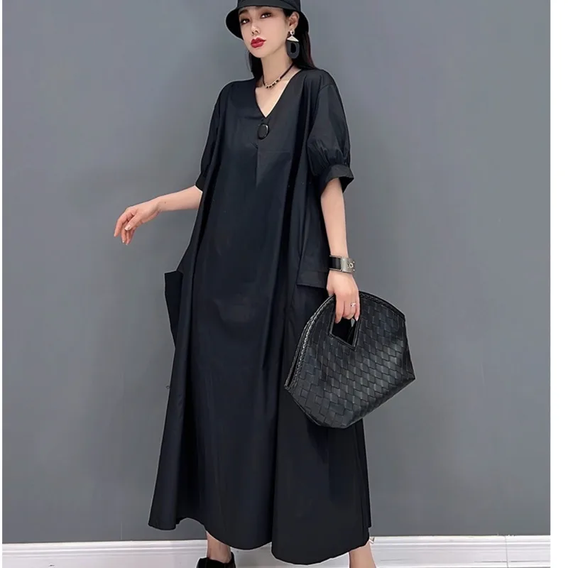 

2023 Summer V-neck Pullover Dress Loose Mid-length Solid Color Dress