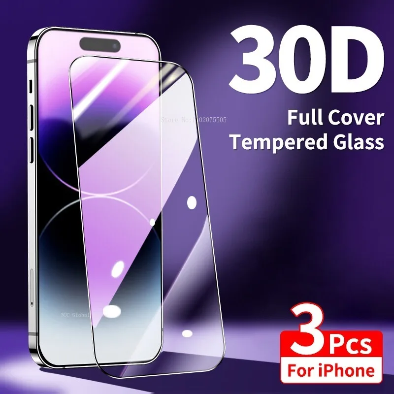 

3Pcs Full Cover Tempered Glass For iPhone 14 Pro Max 13 12 Mini 11 Screen Protector For iPhone 15 Pro XR XS Max 8 7Plus Glass