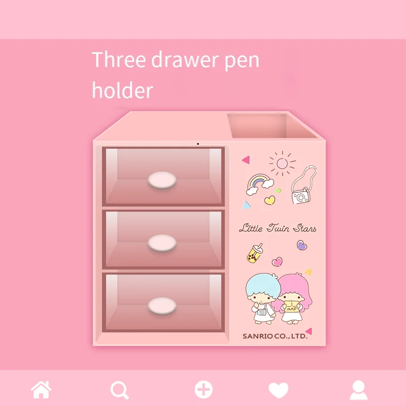 Sanrio Kuromi Cartoon Desktop Three Layer Drawer Storage Box Organizing Stationery Large Capacity Melody Storage Box Pen Holder