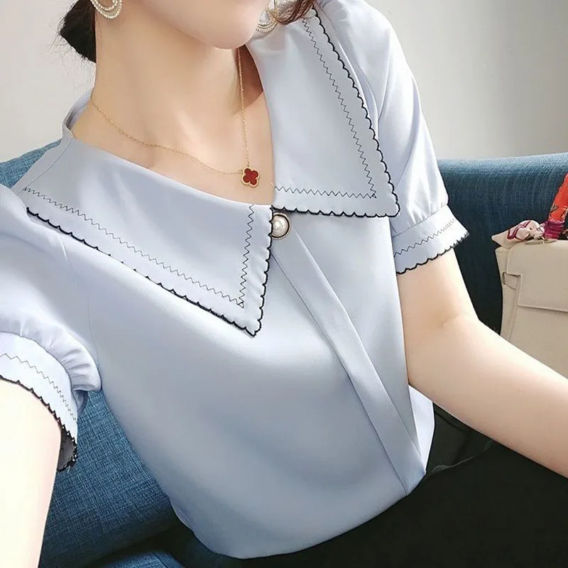 2023 Summer New Women Elegant Fashion Peter Pan Collar Solid All-match Blouses Korean Button Short Sleeve Pullovers Shirt Female