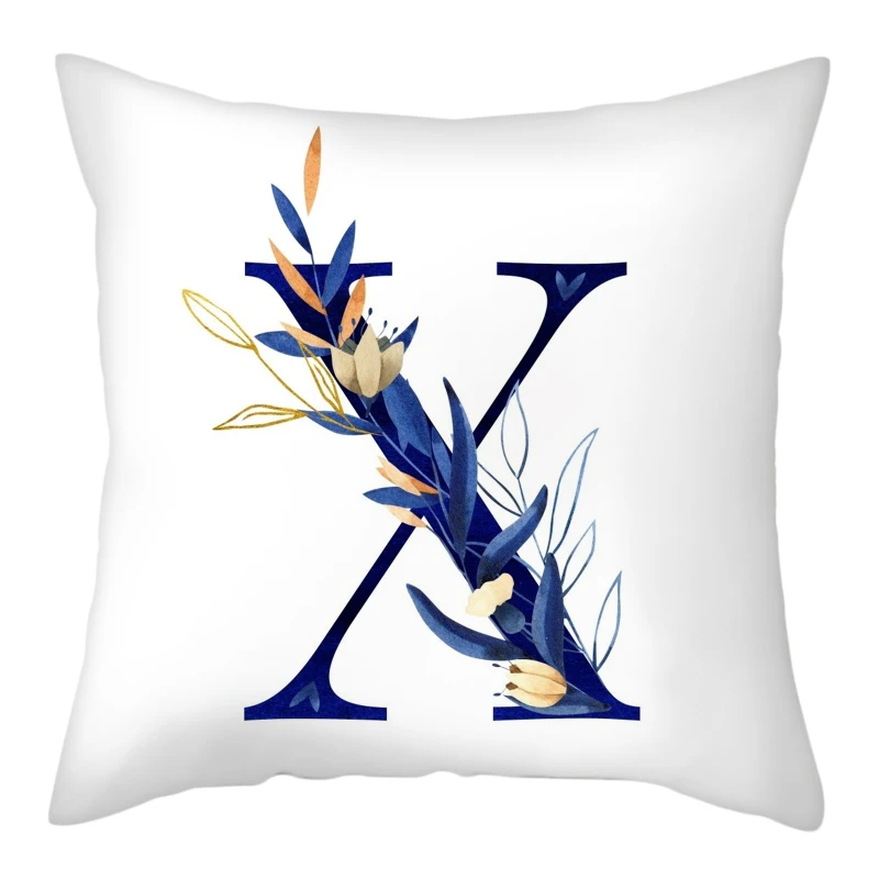 Simple Blue Leaf Alphabet Print Cushion Case 26 Letters Decoration Pillows Case Sofa Chair Livingroom Polyester Throw Pillowcase 