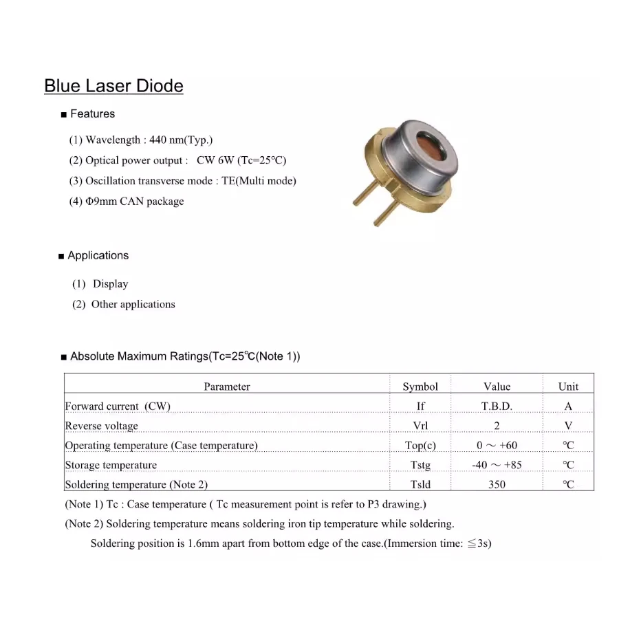 1개 GH04C06V9G 고출력 440nm 6W 블루 9.0mm 레이저 다이오드