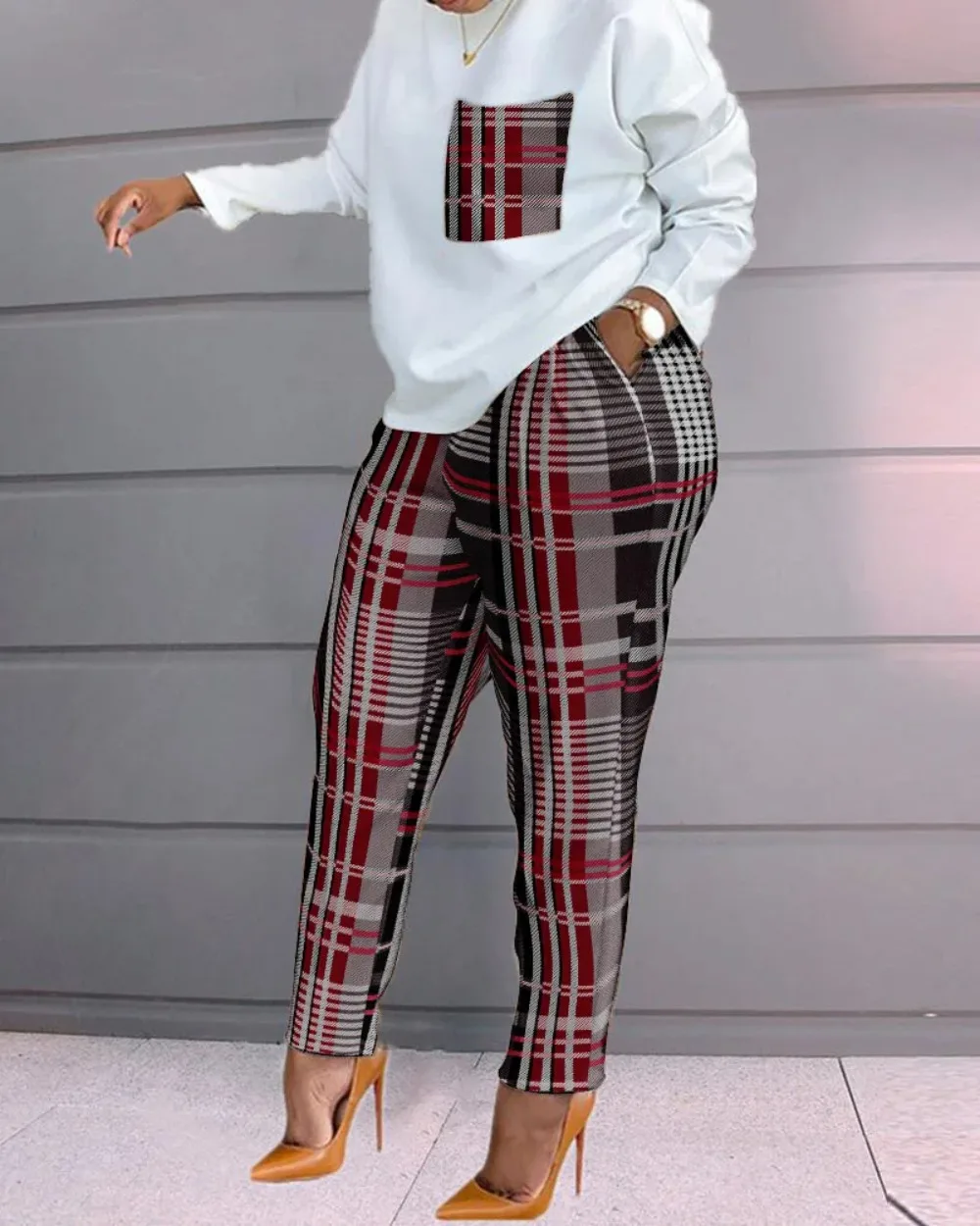 2024 Long Sleeve Women Loose 2 Piece Set Drawstring Design Pockets Plaid Print Long Sleeve Top & Pants Set Tracksuits Outfits