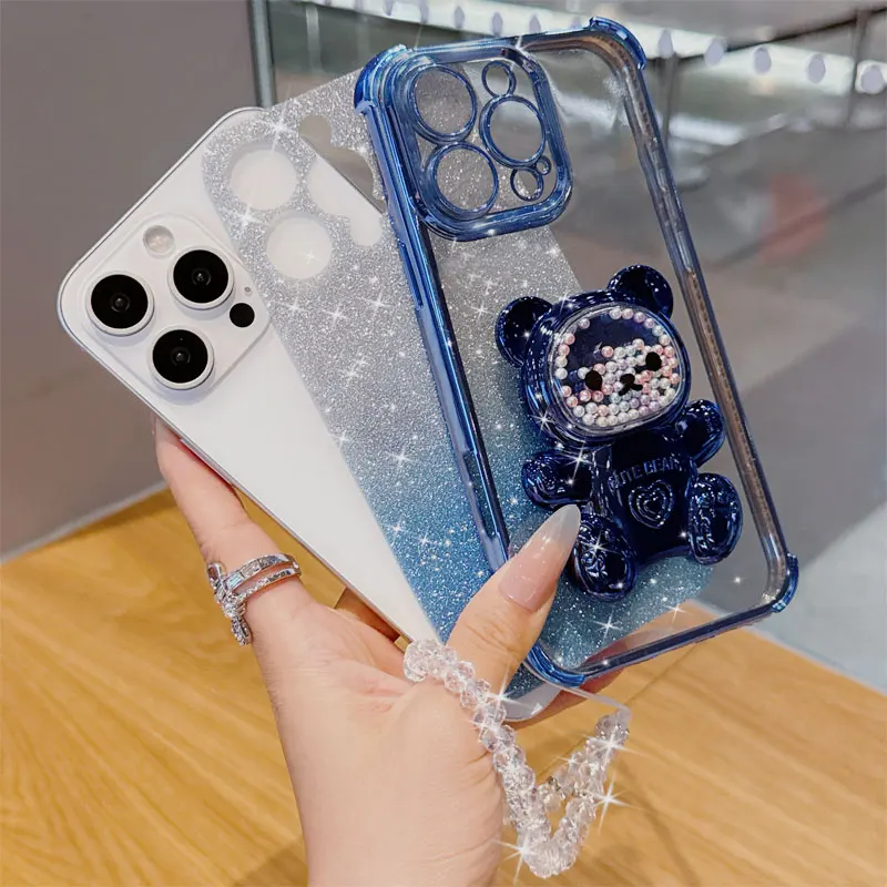 Shockproof Phone Case with 3D Bear Stand & Glitter Chain Lanyard