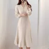 Elegant Mid-Length Knitted Dress Women's Autumn Winter V-Neck Waist-Cinched Knee-Over Stripe Hem A- Line Dress
