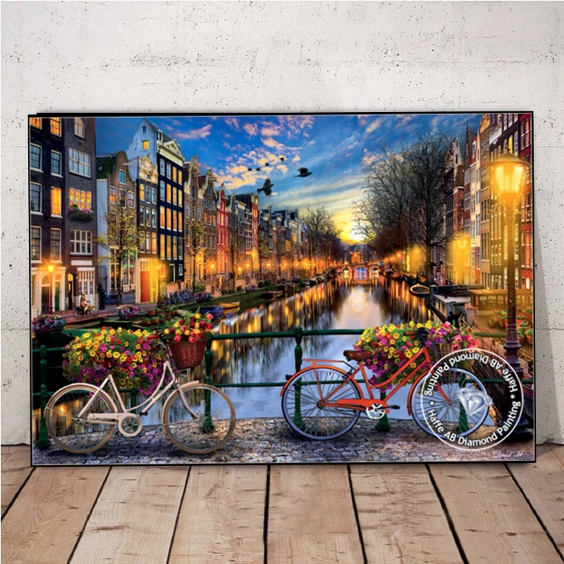 Netherlands Amsterdam Landscape Diamond Mosaic Painting AB Drills Canals With Tulips And Houses In Holland Cross Stitch Decor