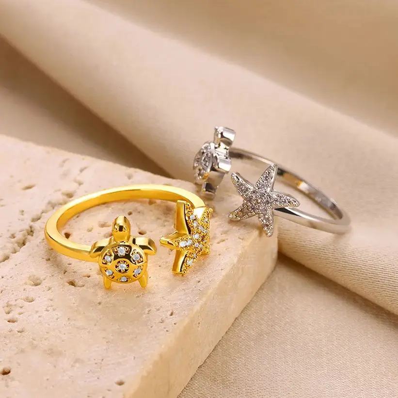 Zircon Turtle Starfish Rings Gold Color Adjustable Opening