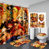 phechion Anime One Piece 3D Print Waterproof Bathroom Shower Curtain Toilet Cover Mat Non-Slip Floor Mat (1/3/4Pcs) W61 1