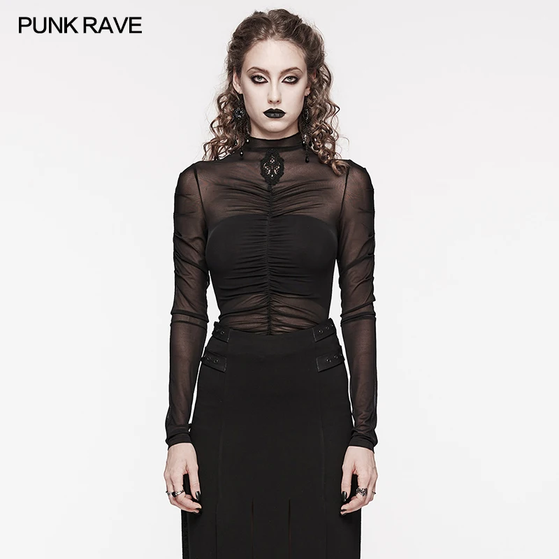 

PUNK RAVE Women's Daily Gothic Front Chest Pleats Skeleton T-shirt Female Sexy Black Tops Spring Summer Women Clothing