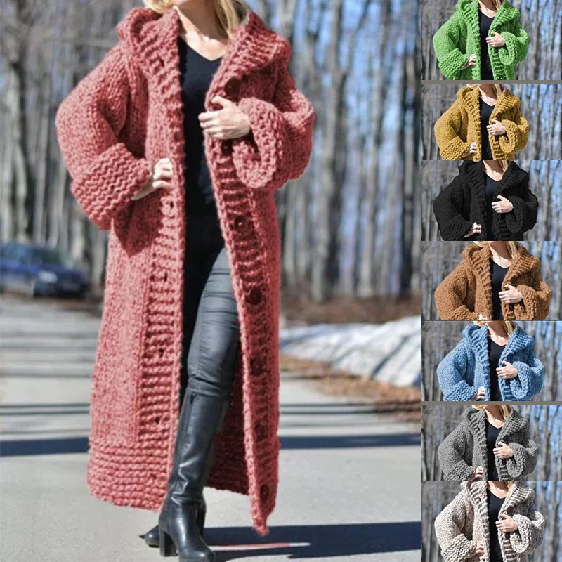 

2022 Winter New Hooded Single Breasted Black Grey Red Sweater Thick Coat Knitted Cardigan Women S-5XL