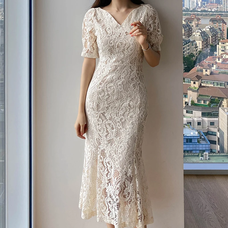 Lace-Dress-Women-s-New-New-Arrival-Korean-Elegance-V-Neck-Silm-Mid ...