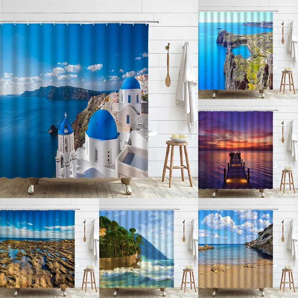 

Mediterranean Sea Shower Curtain Dusk Over Blue Domed Structures Oia Santorini Greece Ocean Scene Fabric Bathroom Decor Curtains