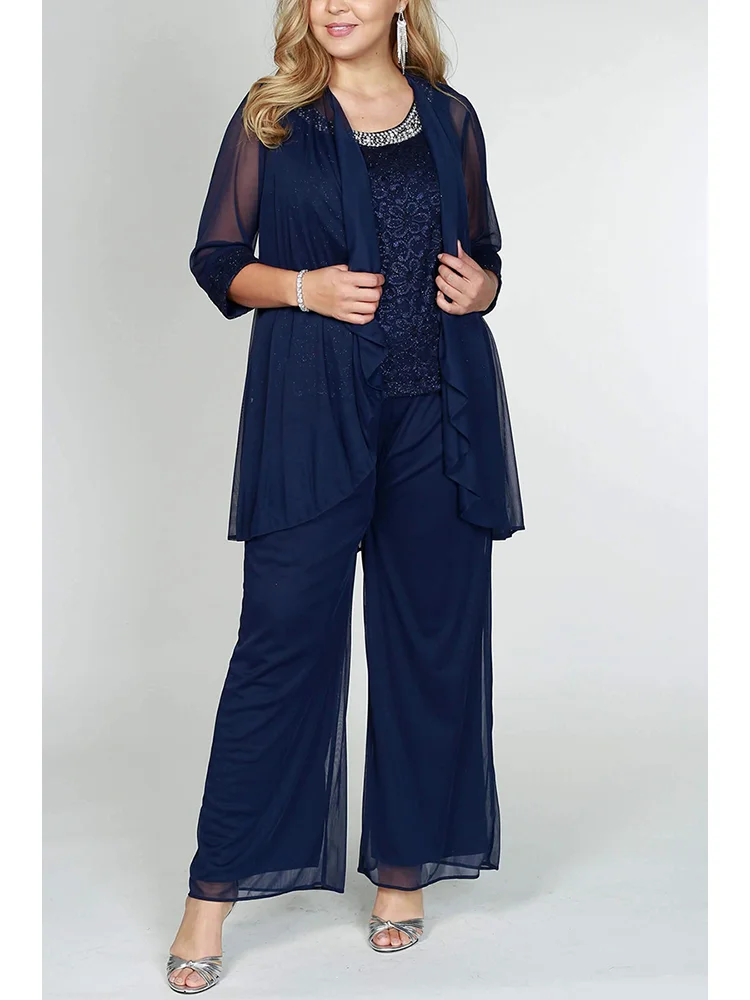 

Plus Size Women's Elegant Pants 3-Piece Set Floral Lace Printed 3/4 Sleeve Women's Dinner Dress Ensemble Femme 3 Pièces Set