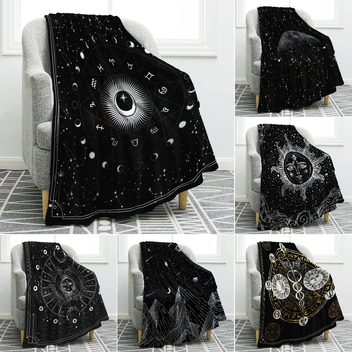 

Sun and Moon Blanket Stars Space Psychedelic Black and White Print Throw Blanket for Couch Bed Sofa Camping for Kids Adults King