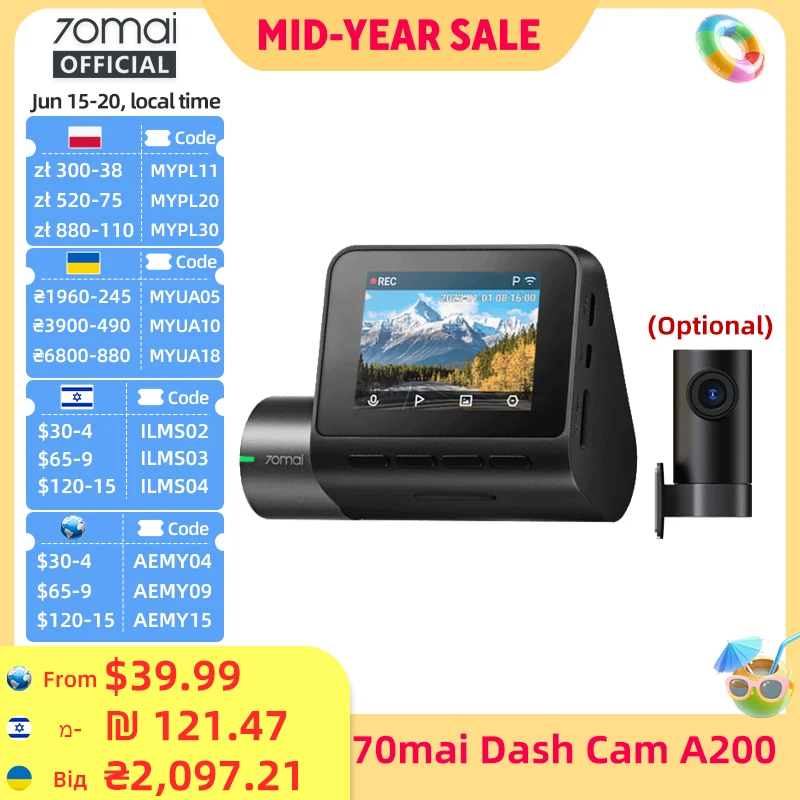 מצלמת דרך גלובלית 70mai דגם A200, הקלטה דו-ערוצית 1080P HDR, מסך IPS בגודל 2 אינץ', ניטור חניה 24 שעות, מקליט וידאו לרכב, 70mai A200 WIFI APP 130 °   FOV