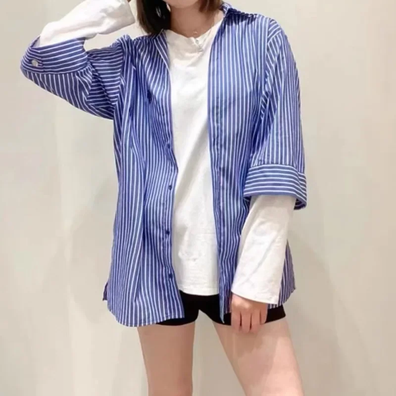 

Women's Fake Two Piece Shirt Single Breasted Loose 2023 Autumn New Long Sleeve Striped Blouse