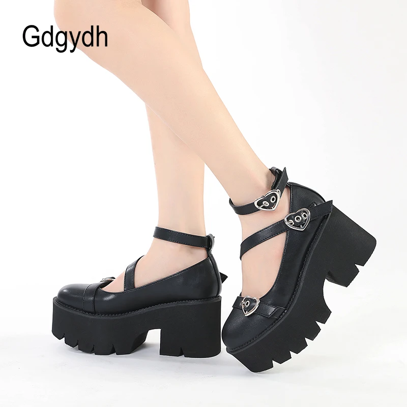 Gdgydh Platform Lolita Shoes On Chunky Heels Spring Cross Bandage Women Mary Jane Shoes Kawaii Cospaly Heart Buckle Big Size