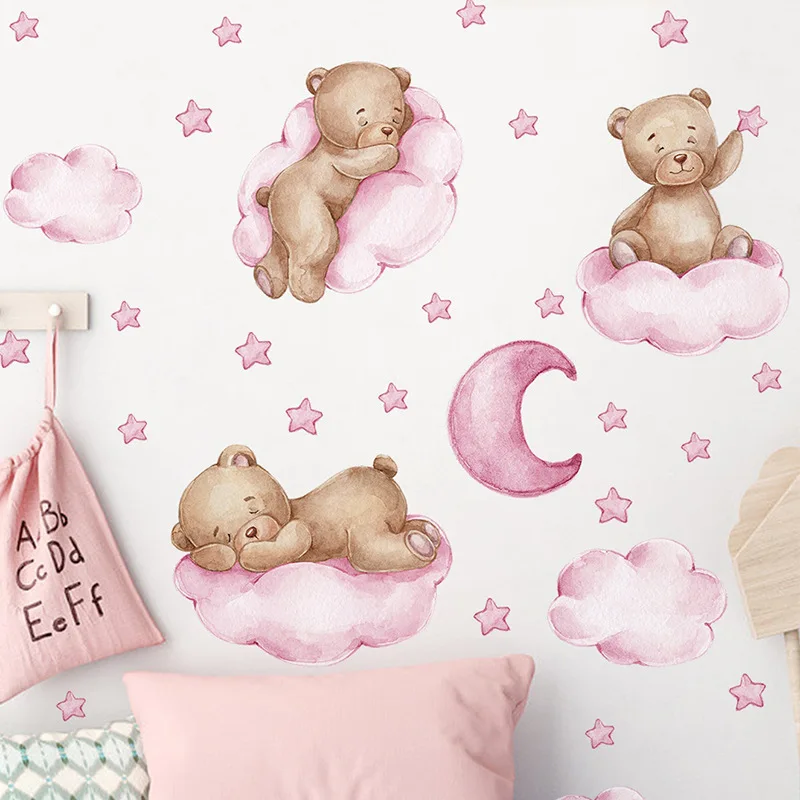 Cartoon Teddy Bear Moon Wall Stickers for Kids Room Baby Nursery Decor Sticker Wallpaper Boy Girls Bedroom Baby Room Wall Decals luminous wall stickers wall stickers vinyl decal stickers