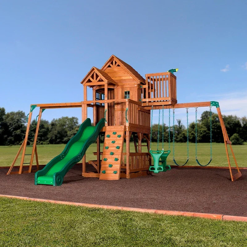 Children's Outdoor Wooden Playground Set Climbing Frame Slide Swing Equipment