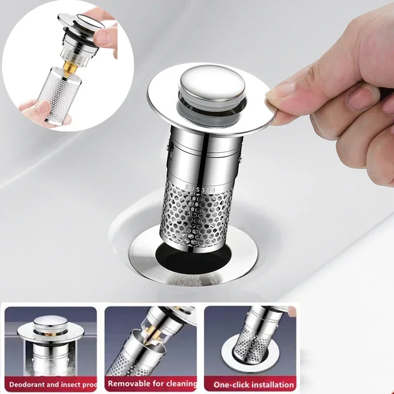 Washbasin Leak Plug Floor Drain Filter Bathroom Sink Plug Drain Seal Plug Sink Drain Strainer Floor Drain Strainer Basin Drain Cover Bathroom Water Stopper Washbasin Leak Plug Stainless Steel Floor Drain Filter Bathroom Plug Press Type Sink Drain Universal Accessory for Washbasin