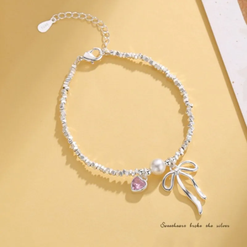 Silver Color Bowknot Pink Zircon Love Heart Bracelet for Women Fashion Sweet Chain Wedding Party Jewelry Gift