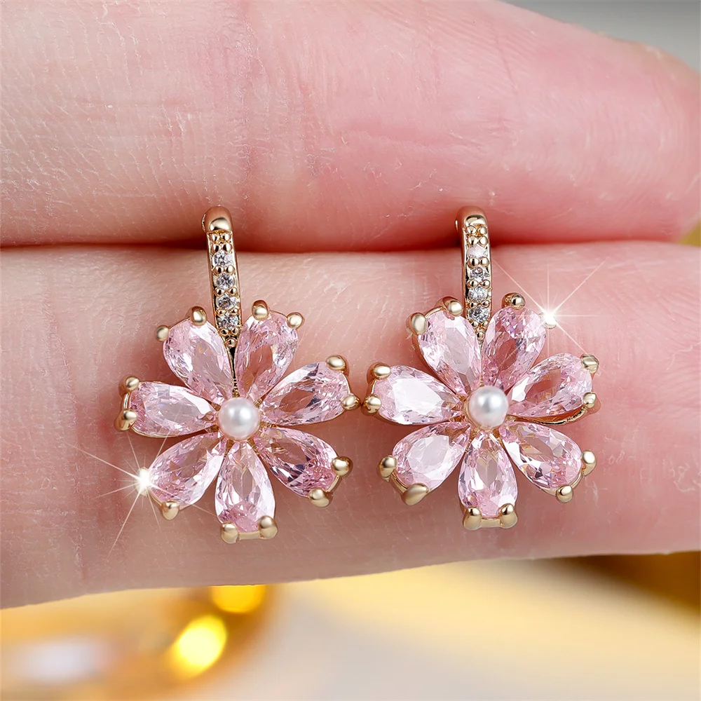 Green Zircon Daisy Flower Simulated Pearl Stud Earrings For Women Vintage Gold Color Wedding Earring Valentines Day Jewelry Gift