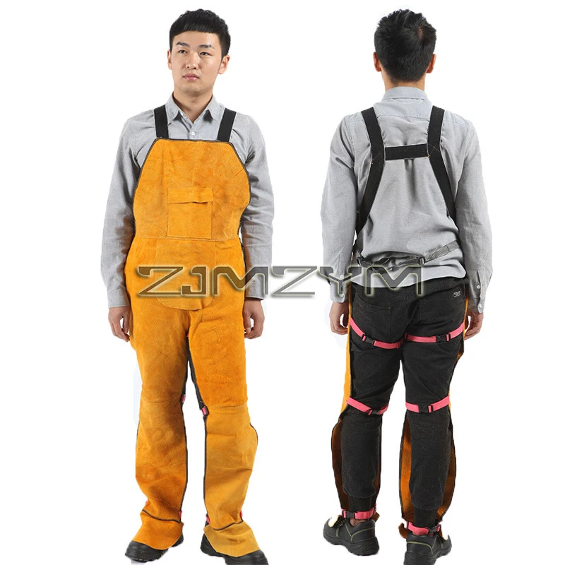 Cowhide Welding Strap Jumpsuit Wear-resistant Heat Insulation Fire-proof Welding Workwear Suit Bib Leather Jumpsuit