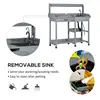 Outsunny Potting Bench Table, Outdoor Garden Table Wooden Work Station with Removable Sink, Faucet, Drawer, Shelves, Hooks, Gray