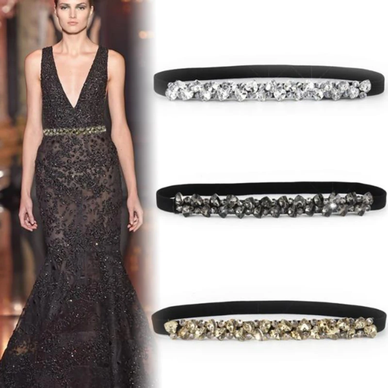 

Fashion Crystal Belts For Women Elastic Black Gold Waist Belts Rhinestone Luxury Ladies Woman Belts For Dress Accesorios Mujer