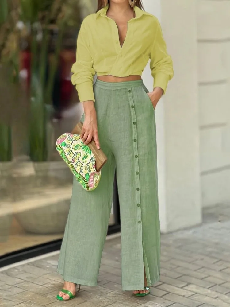 

2023 Spring Women's Long Sleeved Shirt Set V-neck Short Top Casual Fashion Wide Leg Pants Button Two Piece Women's Shirt Suit