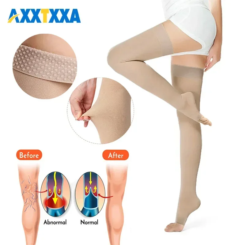 1Pair Thigh High Compression Socks,Firm Support 20-30 mmHg Gradient Compression Stockings with Silicone Band,Treatment for Edema
