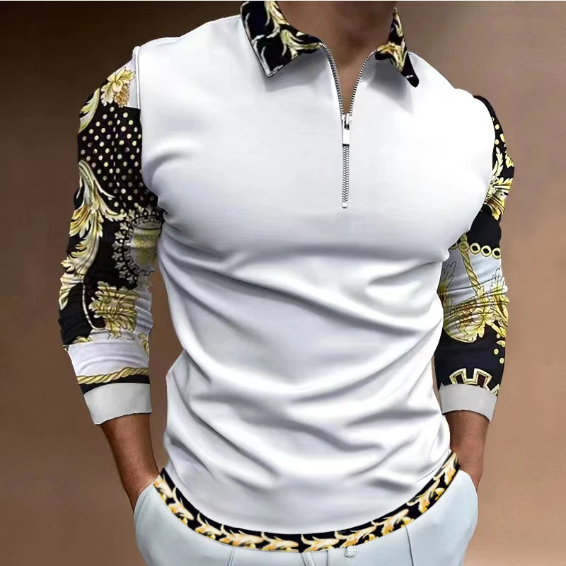 

Spring new trend men's Polo shirt fashion lapel long sleeve men's flower sleeve casual sports top European large size