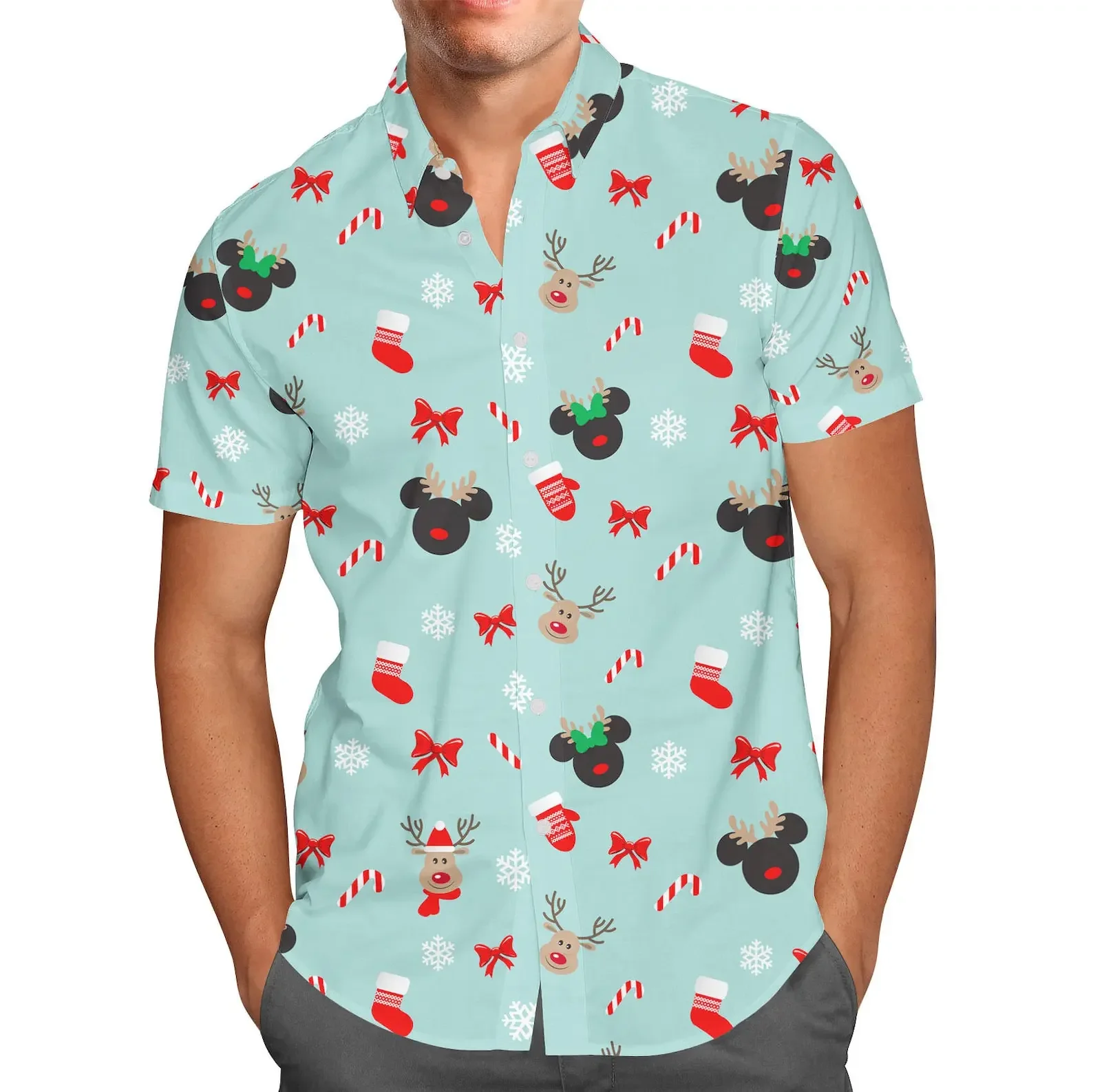 Mickey Christmas Hawaiian Casual Short Sleeved Shirt Men's Women Short Sleeve Button Up Shirt Disney Christmas Hawaiian Casual Beach Kids
