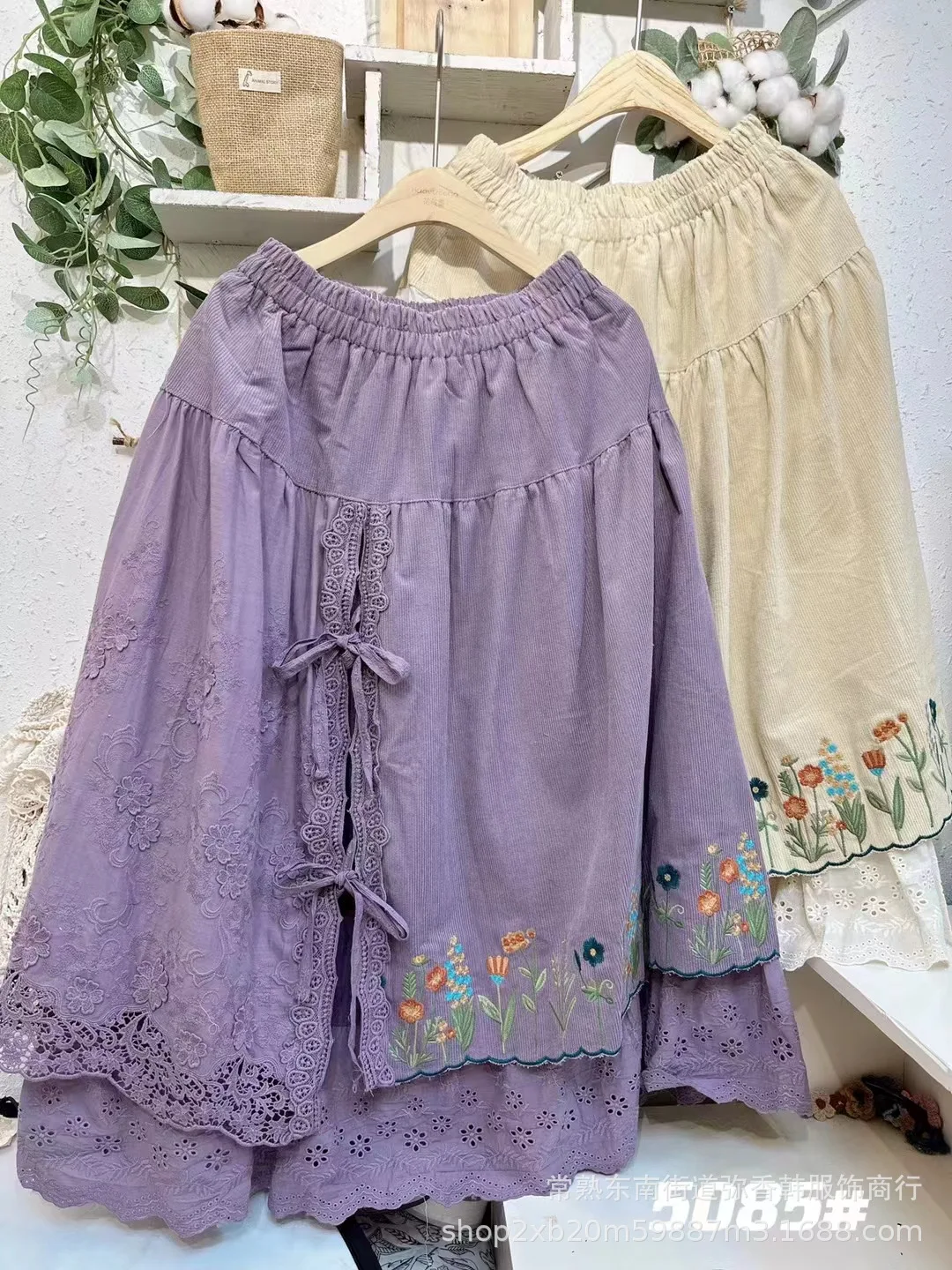 

Vintage Embroidery Corduroy Skirt Women Autumn Japanese Mori Girl High Waist Lace Ruffles Kawaii Skirts Casual Long A-Line Skirt