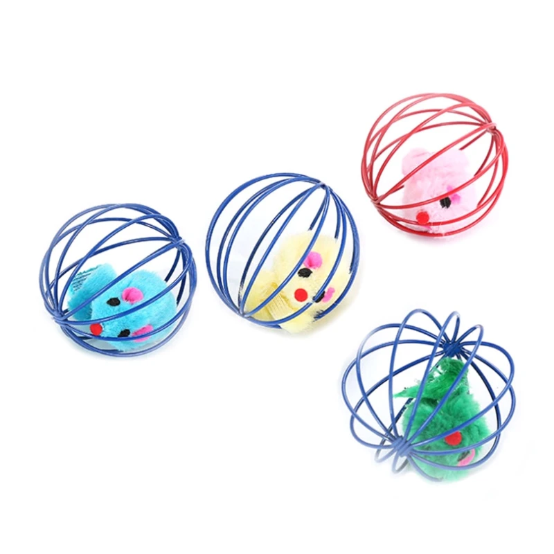 

Caged Wire Cage Rolling Ball with Plush Mice for Cat Interactive Funny for Cats and Kitten Random Colors