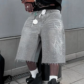 fashion men summer casual denim shorts knee length trendy letter embroidered shiny rhinestone decor jeans shorts with pockets