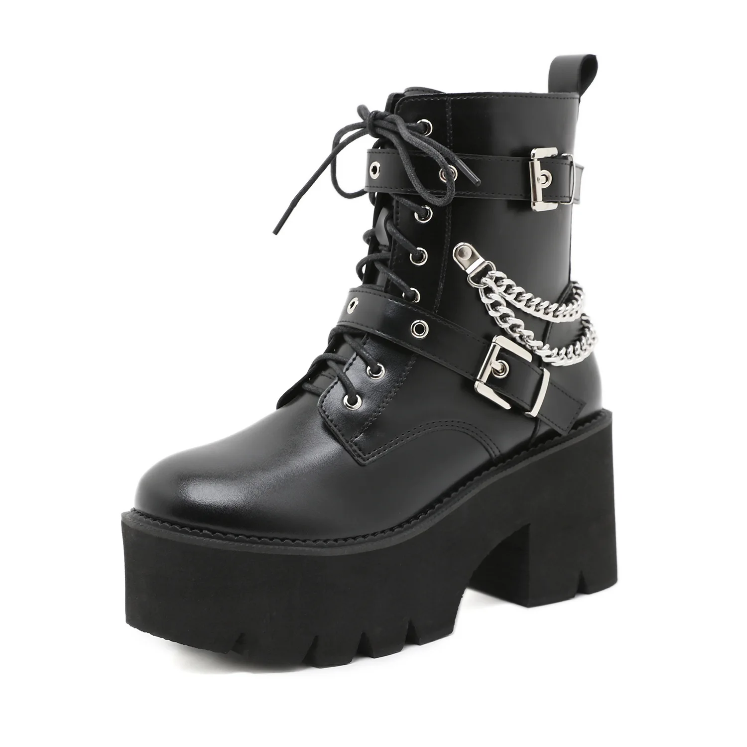 

Black Gothic Women Shoes Autumn Ladies Ankle Boots High Heels Sexy Chain Punk Style Patent Leather Boots For Party Zipper