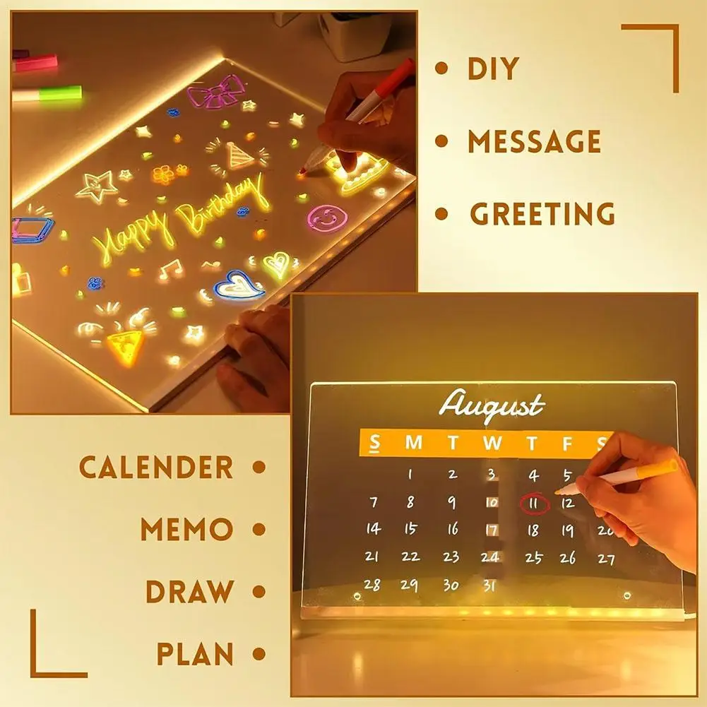 빛나는 아크릴 메시지 보드 재사용 가능한 DIY 어린이 글로잉 드로잉 보드 메시지 램프 7가지 색상 펜 포함