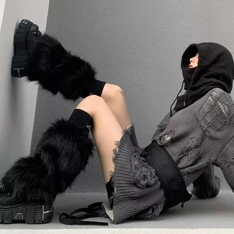 25/40cm Y2K White Faux Fur Leg Warmers Boot Covers Goth Solid Leg Socks Punk Jk Knee-length Hiphop Hotgirl Fashion Warm Sock