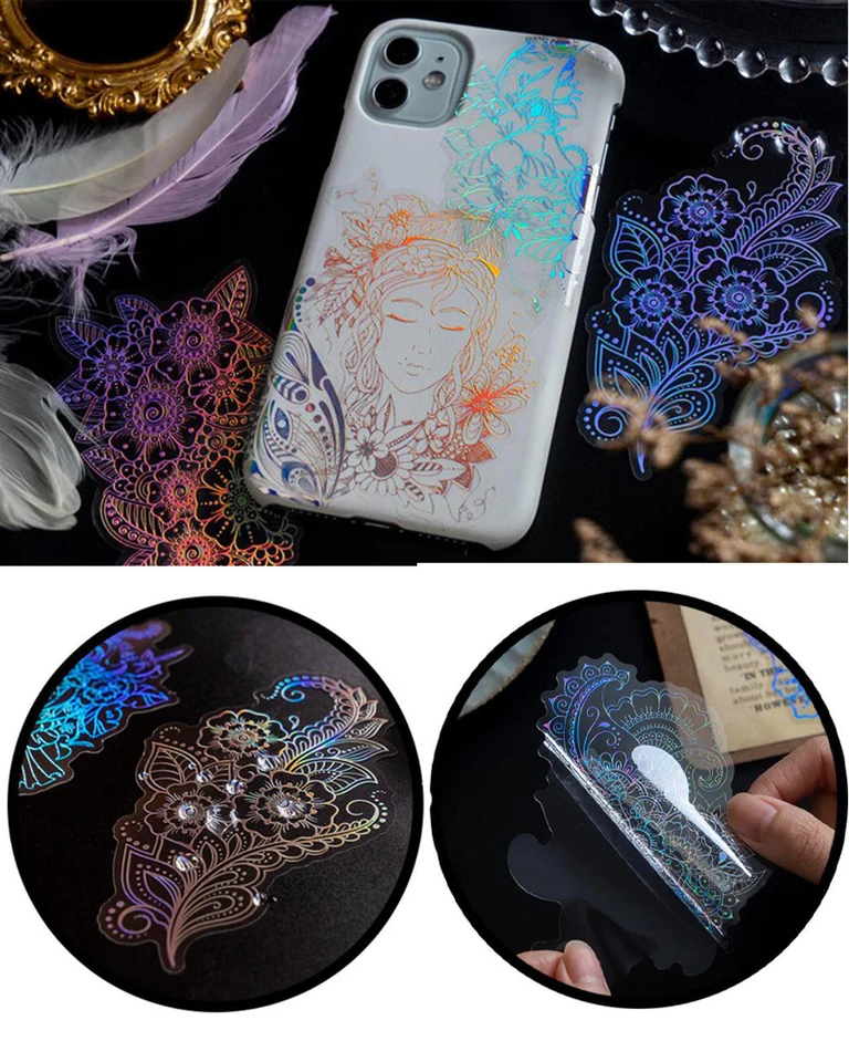 60 Adesivi Olografici Per Finestre E Scrapbooking – Set 6 Temi Glitter Trasparenti Con Cornici Floreali, PET Lucido Impermeabile, Per Decorazione Artigianato, Junk Journal, Laptop - 3