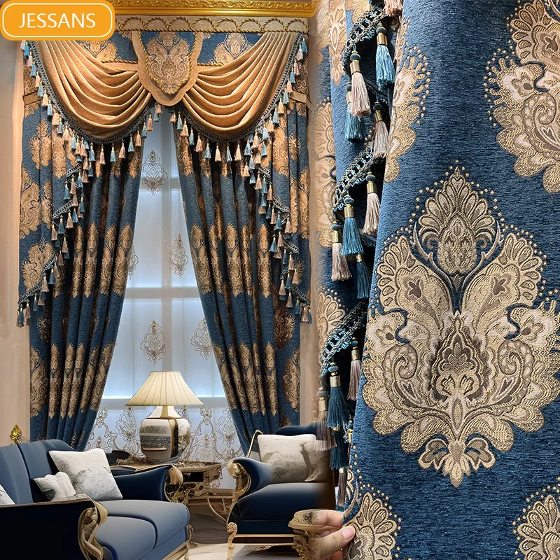 

American Blue Thickened Chenille Jacquard Shading Curtains for Living Room Bedroom Villa Customized Products Valance