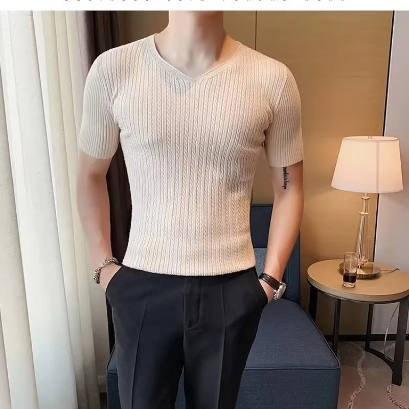 

Men 2023 Summer New V Neck Knitted T-Shirts Men Clothing Slim Fit Casual Tops Male Short Sleeve Tee Shirt Homme Men T Shirt