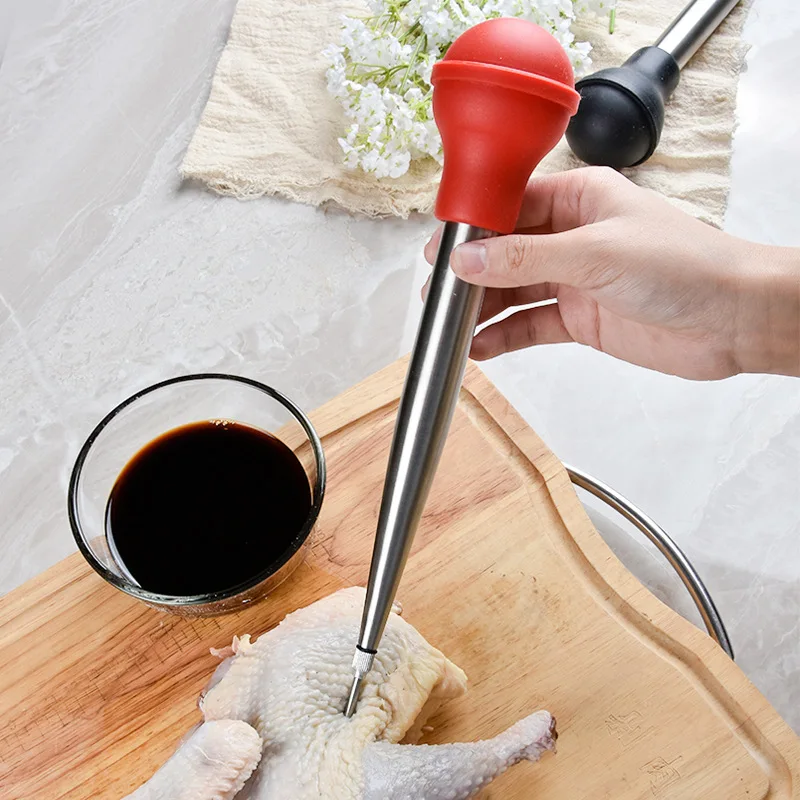 Stainless Steel Turkey Baster Syringe Rubber Bulb Manual Pump Injector With Needle And Cleaning Brush Bbq Seasoning Tool