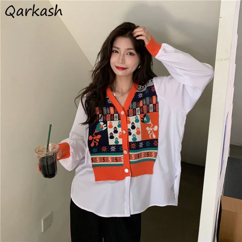

Patchwork Shirts Women V-neck Loose Autumn Vintage Design Tops Feminino Harajuku Ulzzang Chic All-match Daily Soft Leisure Ins