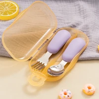 2PCS Baby Silicone Stainless Steel Fork Spoon Portable Baby Tableware Feeding Training Baby Utensils Solid Color Baby Stuff 1